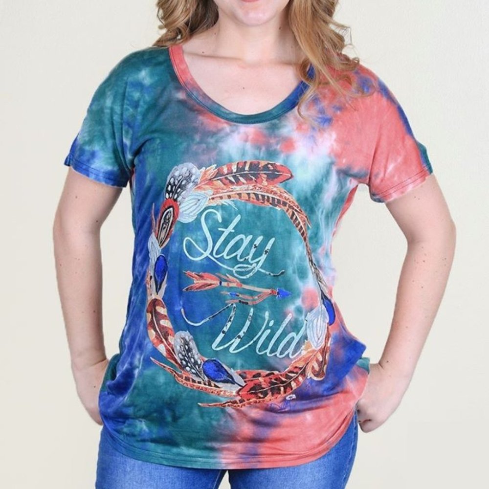 boho Stay Wild tie dye tee with feathers